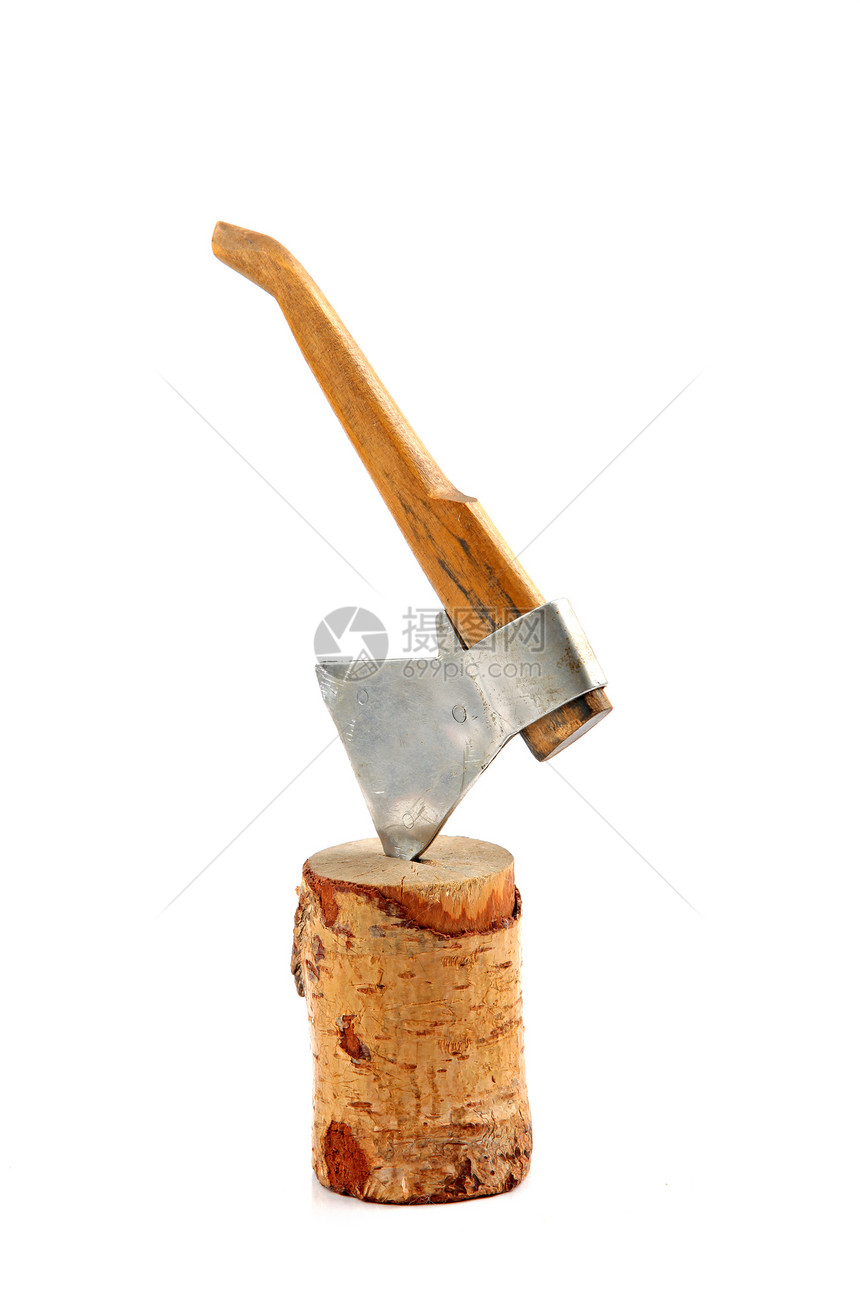 树桩中的斧头刀刃乡村金属精加工工作室树干橡木工具工作白色图片