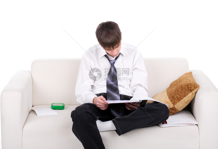 索法河上的青少年图书男性学习考试牛仔裤外貌沙发注意力工作测试图片