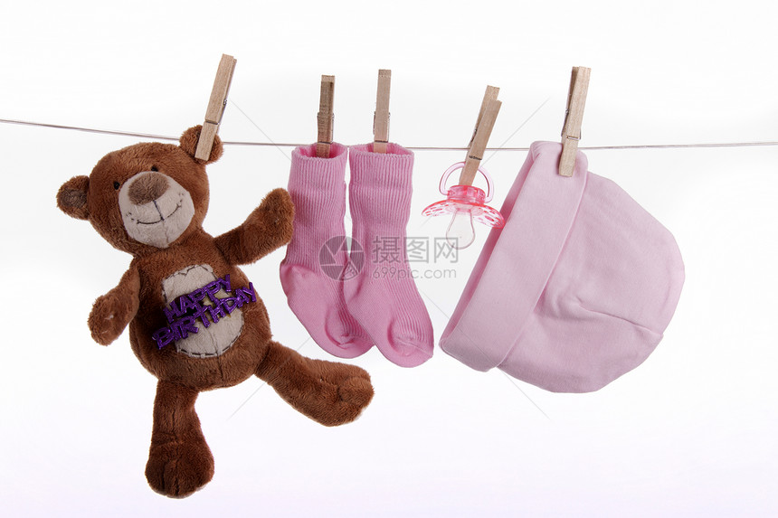 婴儿出生卡片白色彩色分娩衣绳衣服生日玩具粉色棉被图片