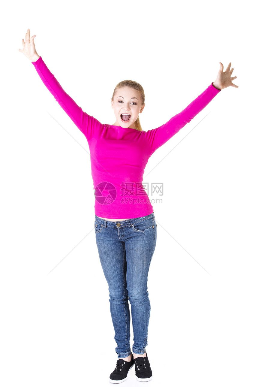 欢快的快乐女人 举起手来成人胜利企业家员工幸福活力身体女孩成功金发图片