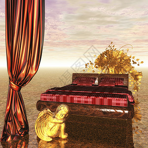 内地景点数字可视化童话推杆床罩家具卧室房间婚礼窗帘建筑学插图背景图片