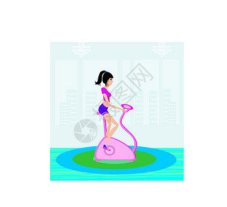 运动自行车上的女孩俱乐部活动体操海报商业数字仪器训练运动员幸福背景图片
