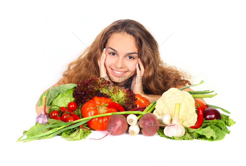 带蔬菜的妇女营养头发女孩收成食物卷曲成人生活菜花微笑图片