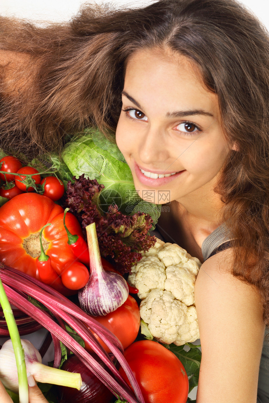 带蔬菜的妇女生活卫生菜花黑发营养饮食微笑女孩食物头发图片