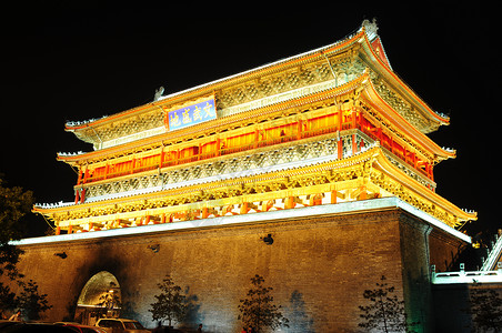 中国西安鼓塔灯光历史性地标黑色旅行建筑钟楼建筑学天空风景背景图片