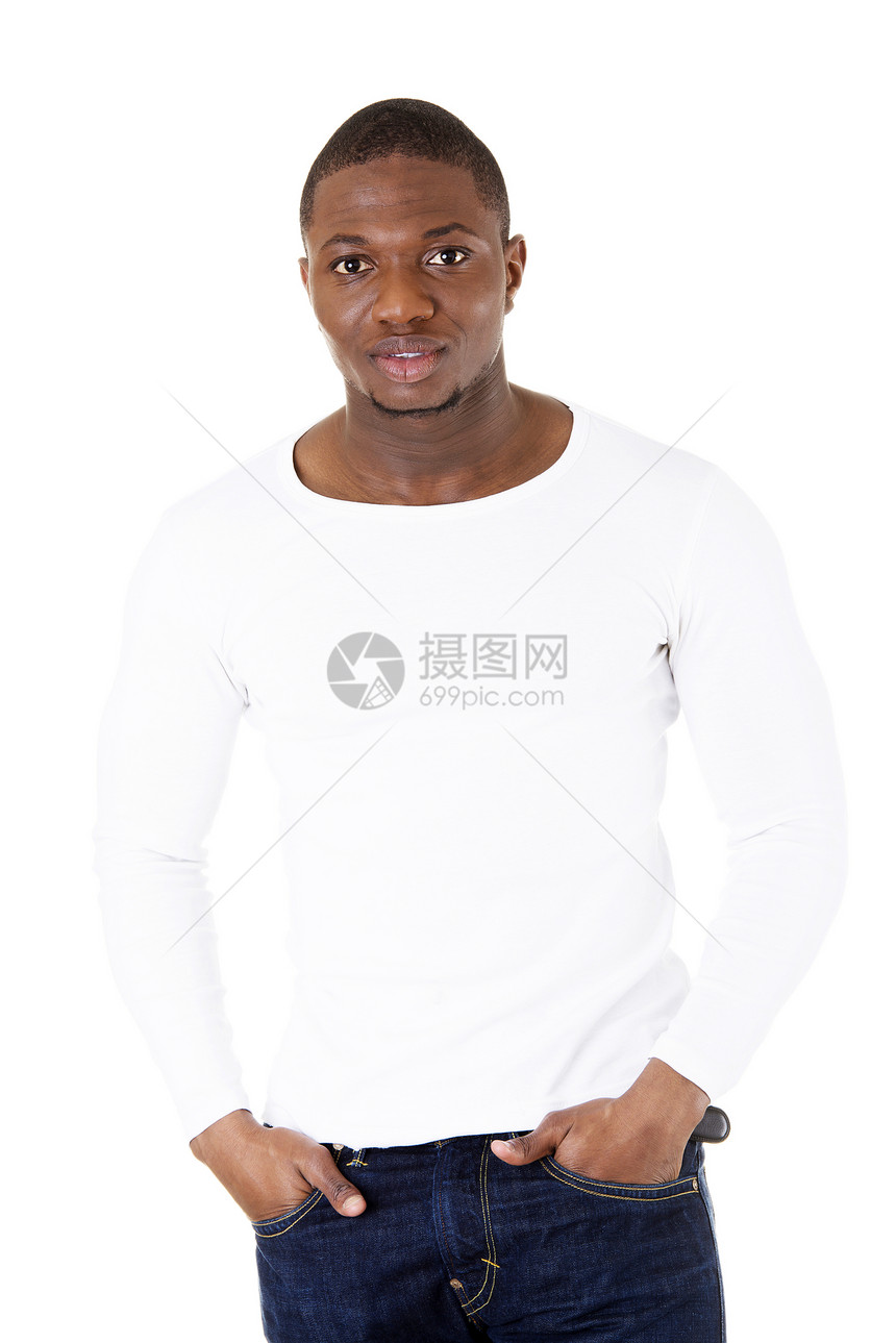 英俊的非洲男子汉相机白色男性幸福工作室黑色微笑青年男人图片