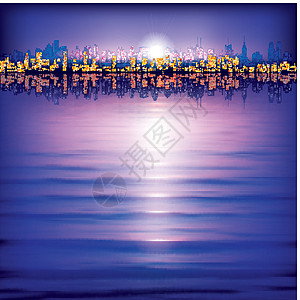 水痕迹抽象背景与 cit 的剪影地平线景观天际艺术城市建筑学全景紫色蓝色建筑插画