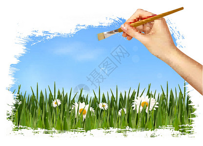 ps画草素材手握刷子的自然背景 矢量插图设计图片