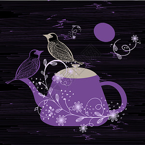 茶壶上的两对鸟 手画的背景图片