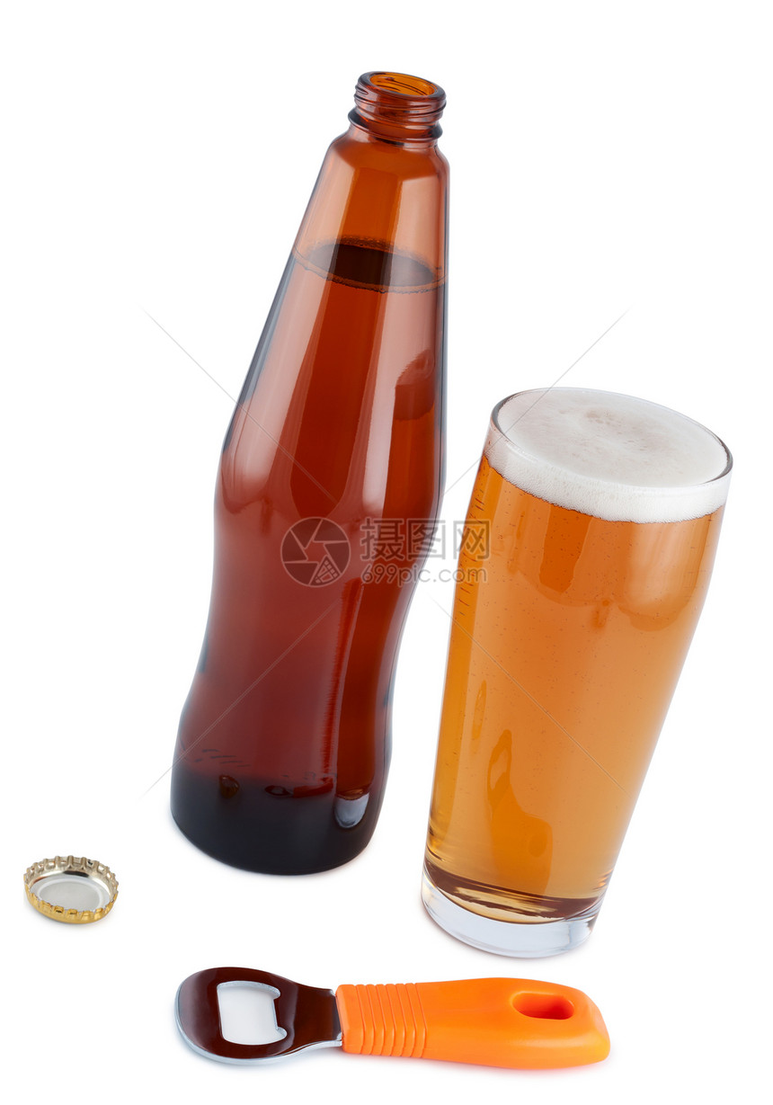 啤酒瓶装瓶装开瓶器和玻璃图片