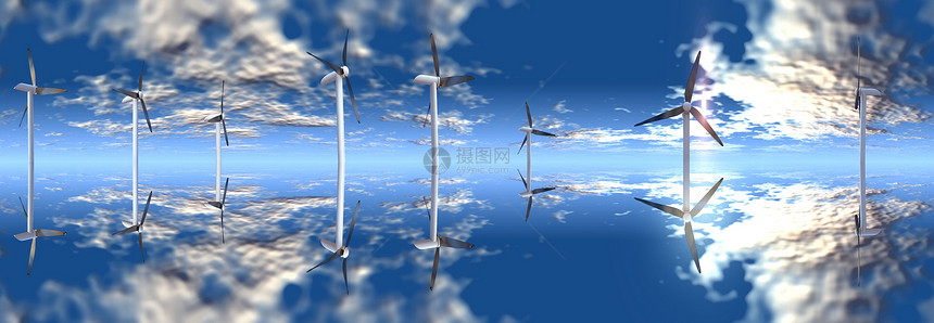 蓝色天空上的风力涡轮机数字化镜子乡村农场生态能量源插图镜像风车反射图片