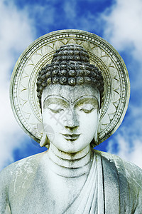 石佛雕像白色石头上帝雕塑天空沉思宗教蓝色高清图片