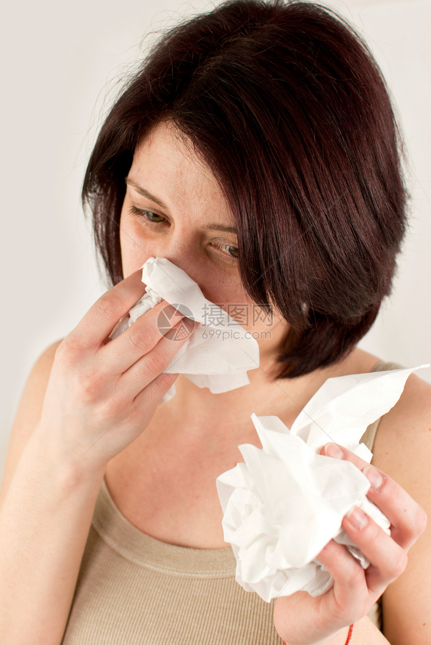 妇女打喷嚏哮喘工作室流感疼痛症状鼻子手帕组织女孩花粉图片