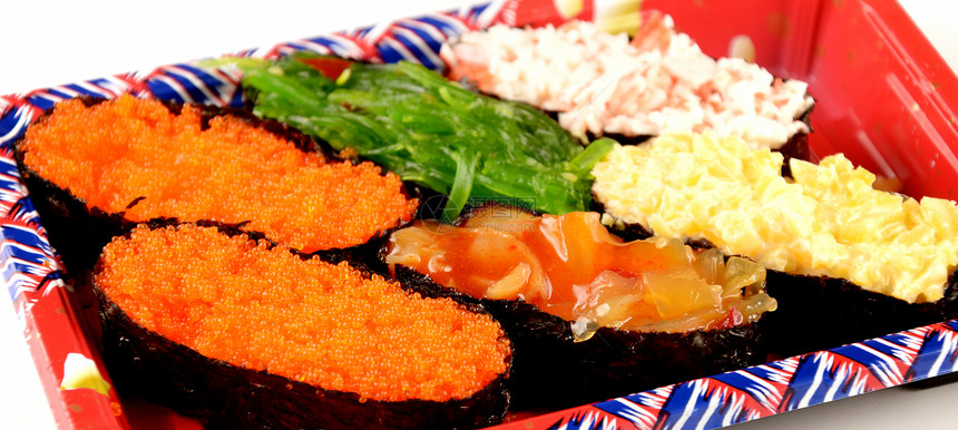 隔离的寿司套件风格菜单餐厅沙拉螃蟹章鱼海藻午餐鱼卵食物图片