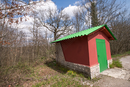 红绿小屋 在Ro运动的一旁红门修剪车库住宅石头建筑学车道建筑入口房子背景图片