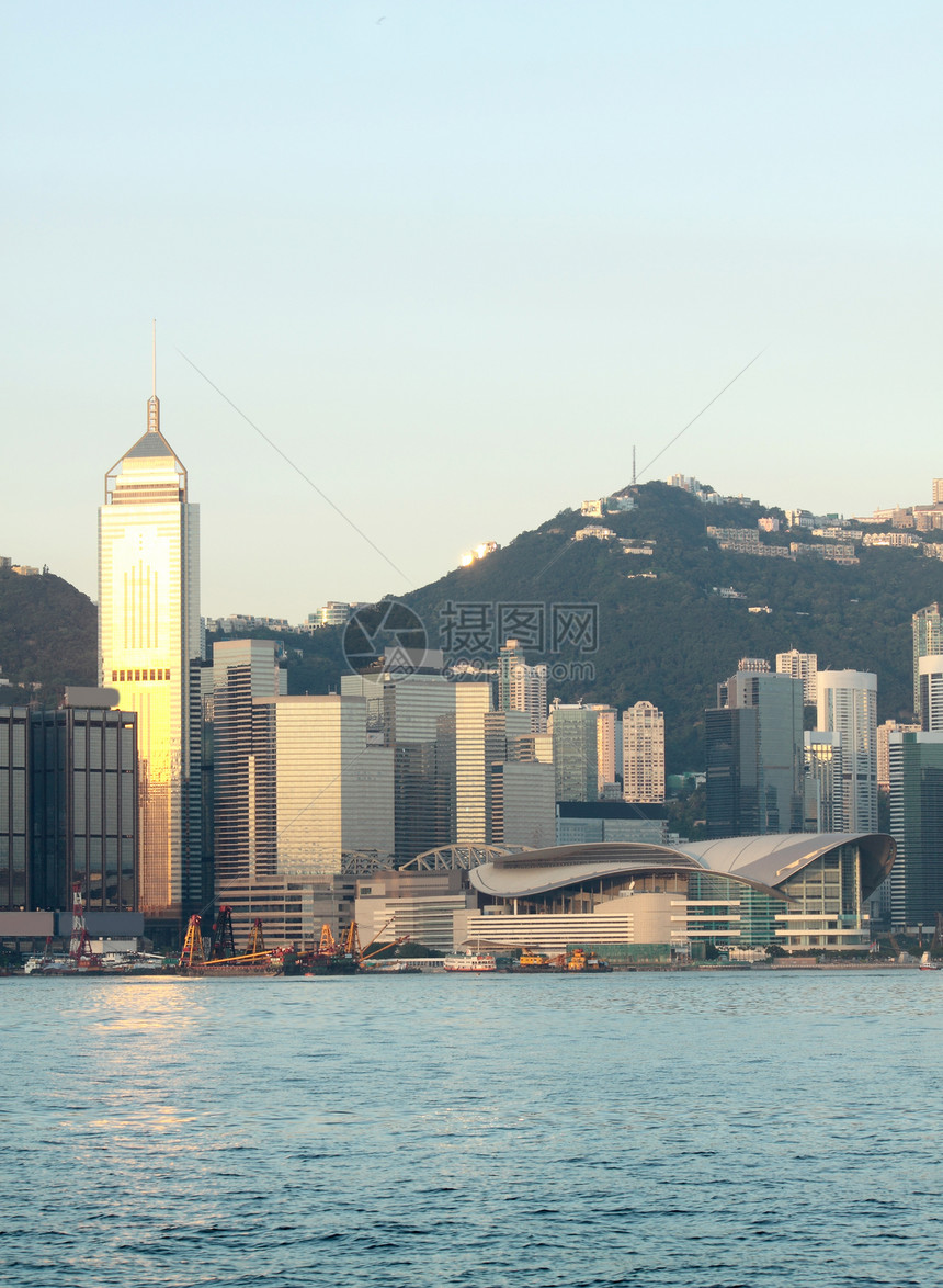 香港清晨遗产建筑旅行巡航天际蓝色港口海岸航行运输图片