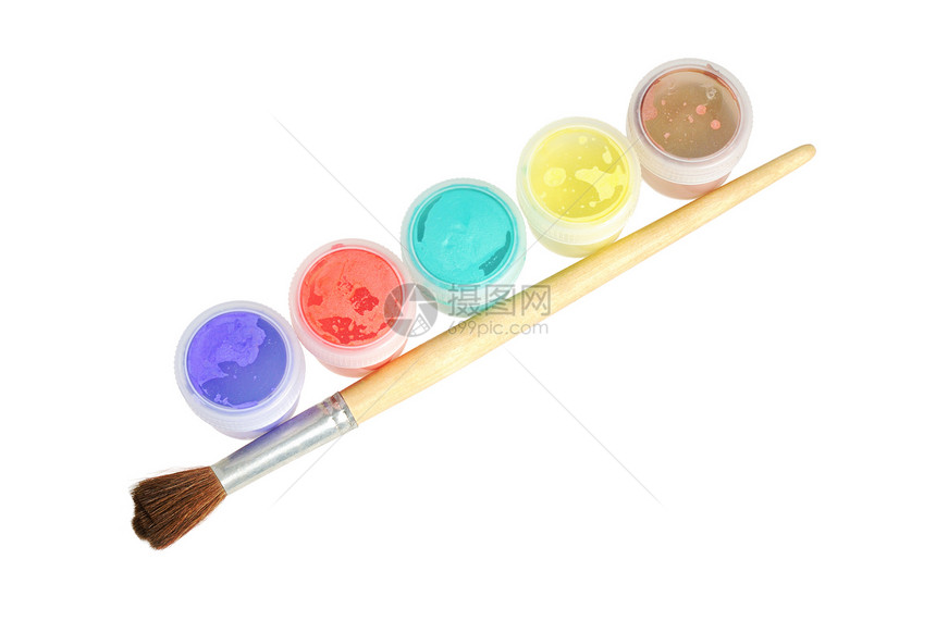五罐油漆和刷子罐头染料棕色液体黄色艺术家青色教育艺术画笔图片