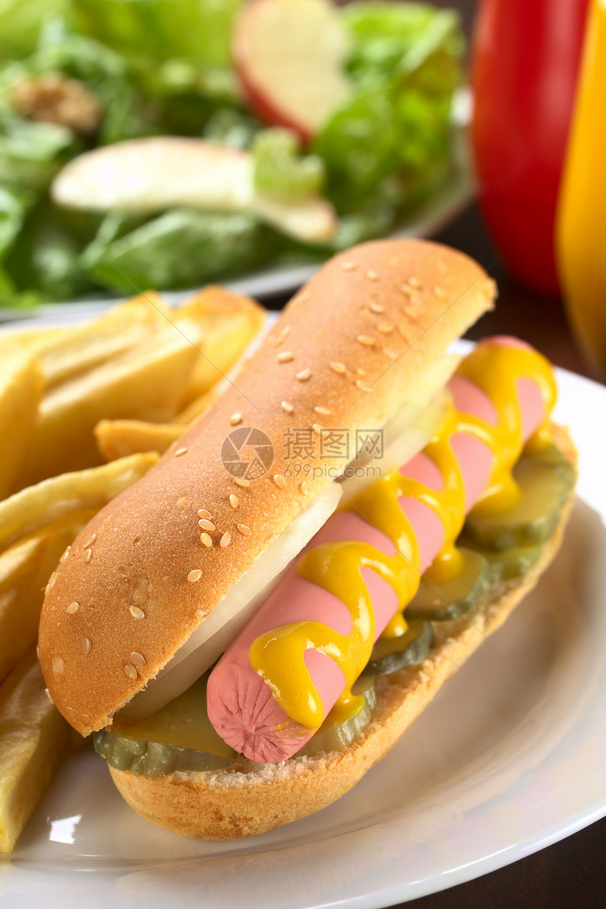 法式薯条热狗食物香肠调味品小吃摄影面包芝麻洋葱包子图片