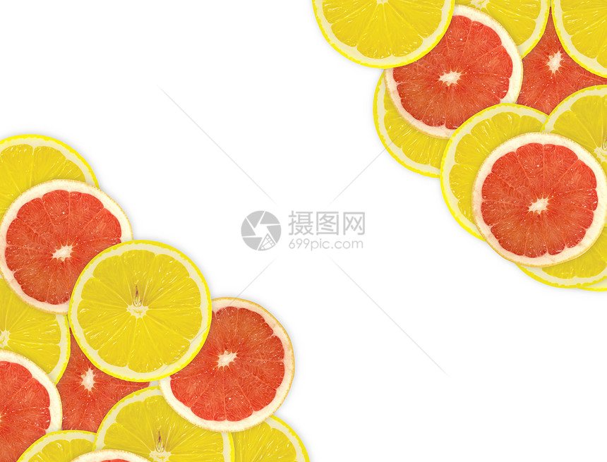 柑橘切片摘要背景 特写 工作室照片黄色圆圈水果橙子红色绿色活力框架柠檬肉质图片