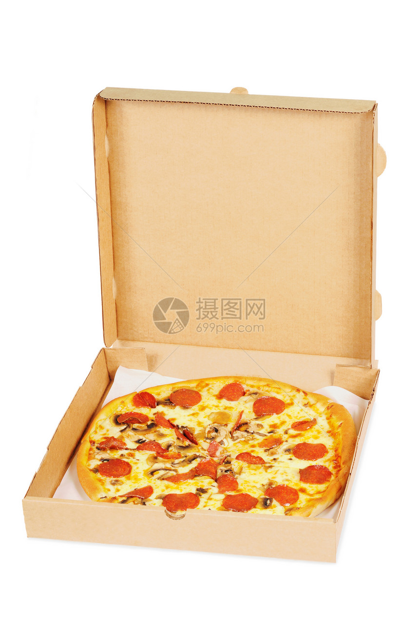 披萨和盒中辣椒尼香肠图片