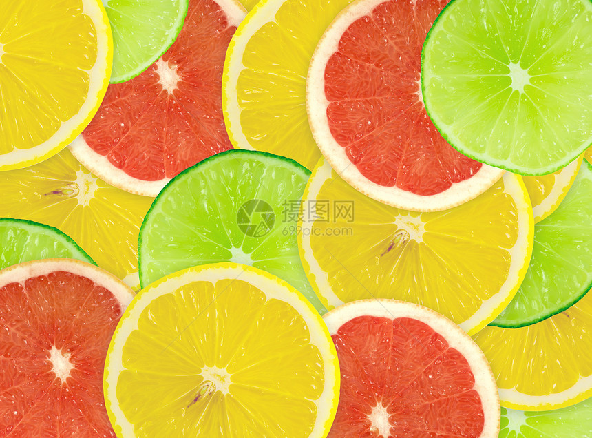 柑橘切片摘要背景 特写 工作室照片橙子柠檬活力圆圈绿色水果红色摄影框架宏观图片
