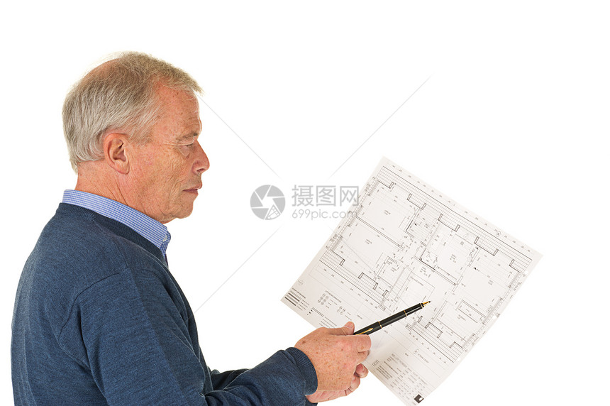 高级建筑师商业设计师承包商工人男人白色蓝图男性商务工程师图片