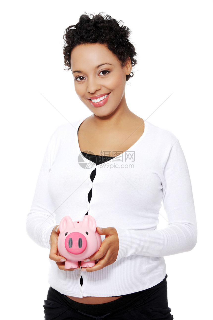 拥有小猪银行的孕妇身体孩子工作室银行妈妈产妇货币储蓄金融肚子图片