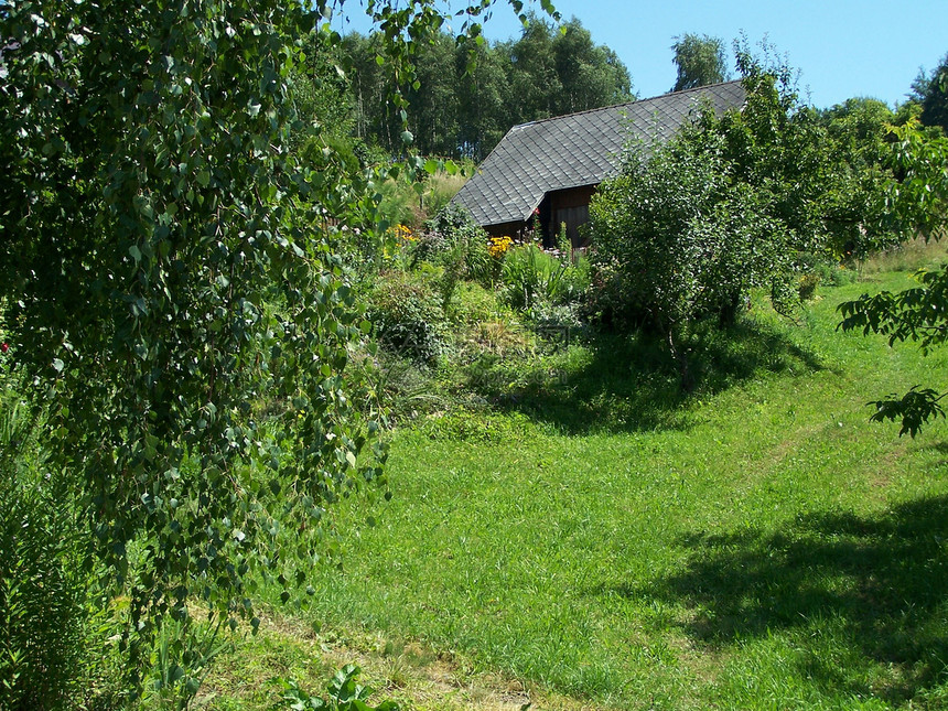 夏天在山丘上的房子农村绿化草地农场国家旅游植物群住宅游客爬坡图片
