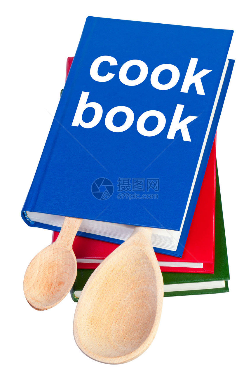 用白色背景隔离的烹饪书和厨房餐具图片