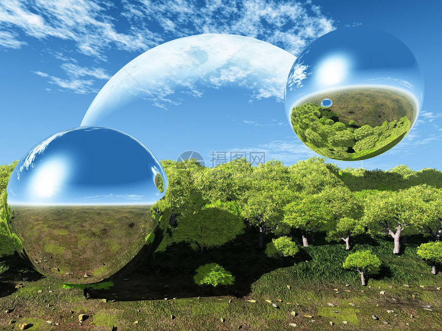 气泡自然和月亮蓝色树木绿色天空环境场景行星森林植物插图图片