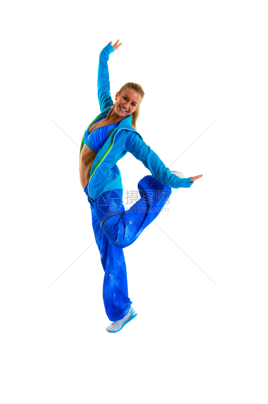 白种背景的青年健身教练教官女性乐趣微笑跳舞金发喜悦身体蓝色重量白色图片