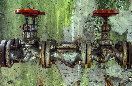 旧工业用水供应部件金属泄漏分发技术气体管道导管阀门管子工程背景图片