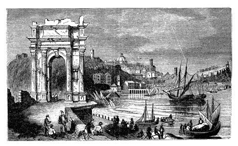 欧洲港口Ancona和意大利Trajan的Arches 从1890年开始 老文插图绘画拱门地标风景帝国雕刻建筑学街道历史插画