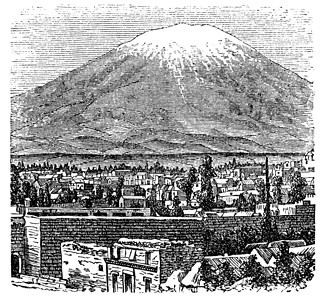 阿雷基帕和米斯蒂火山旧1890拉丁地区世界古董打印瓜瓜绘画插图历史性艺术品插画