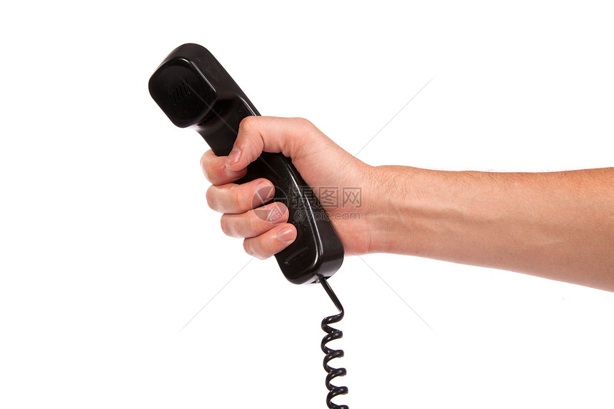 握着旧黑电话管的手讲话耳机电缆商业服务台电讯听筒螺旋男性网络图片