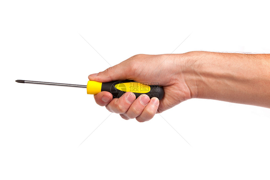 手握着黄黑螺丝刀手臂乐器工具建设者男人工人螺丝构造手指维修图片