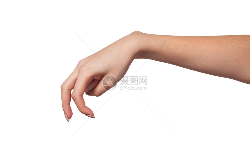一只雌性手在显示 白色的行走手指被孤立图片