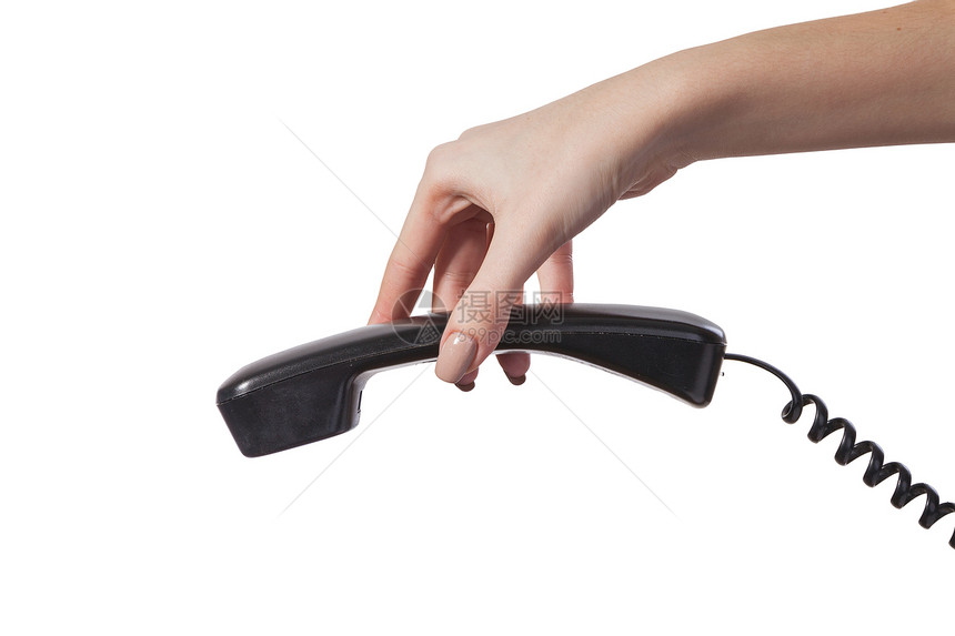 握着旧黑电话管的手听筒女士螺旋网络热线耳机女性电讯女孩服务台图片