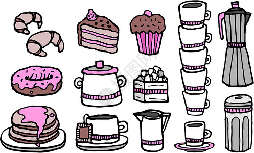 茶笔彩色咖啡和甜食/手写咖啡店用品插画