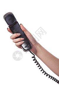 呼叫者握着旧黑电话管的手听筒服务管子女士网络说话电缆女性热线商业背景