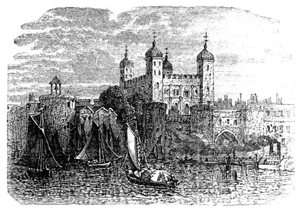 城堡圣安吉洛伦敦塔或洛王陛下的皇宫和堡垒遗产吸引力据点地标纪念碑旅游船舶首都绘画插图插画
