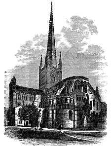 诺维奇诺里奇大教堂在诺福克英格兰英国复古刻病旅行教会建筑学尖塔历史游客艺术回廊旅游古董插画