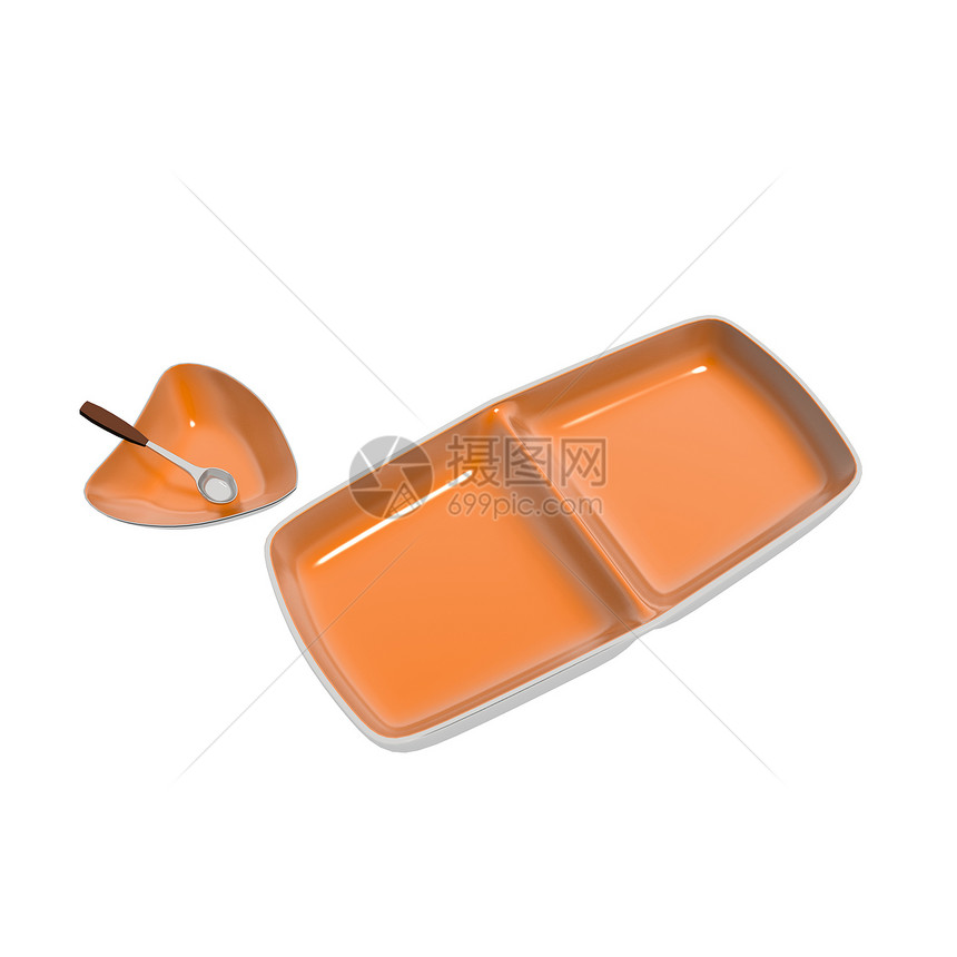 橙色陶瓷餐盘     带有服务S的心形炉灶菜肴厨具厨房炊具制品橙子拼盘勺子白色桌子图片