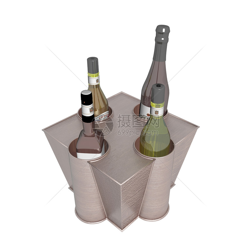 3D 插图i 在金属持有者或机架上的酒瓶和酒瓶架子啤酒用餐白色服务拉丝厨房酒精瓶子图片