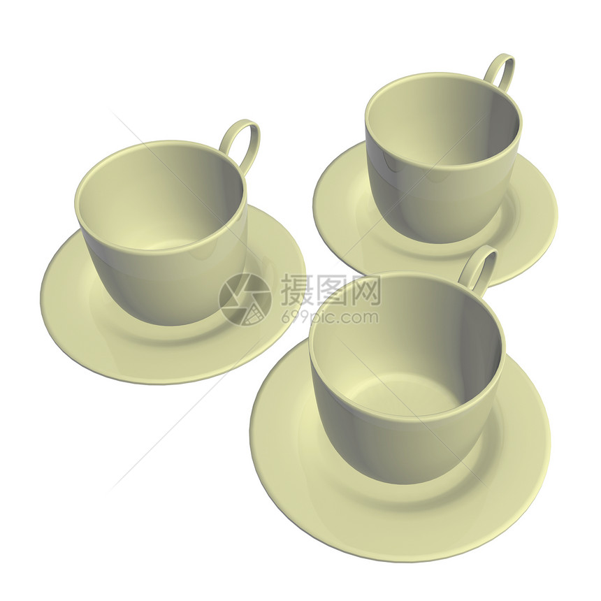 陶瓷茶杯和酱汁 3D插图白色饮料制品咖啡店黄色茶碗杯子厨房餐具咖啡图片