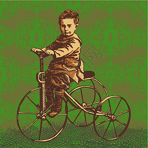 骑旧式自行车的男孩背景图片