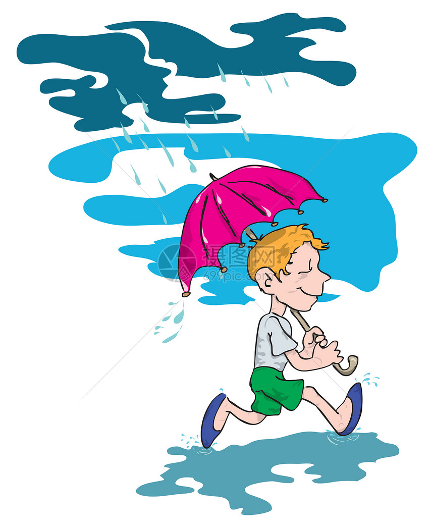 男孩在伞下环境男生幸福运气孩子短裤水坑绘画天气喜悦图片