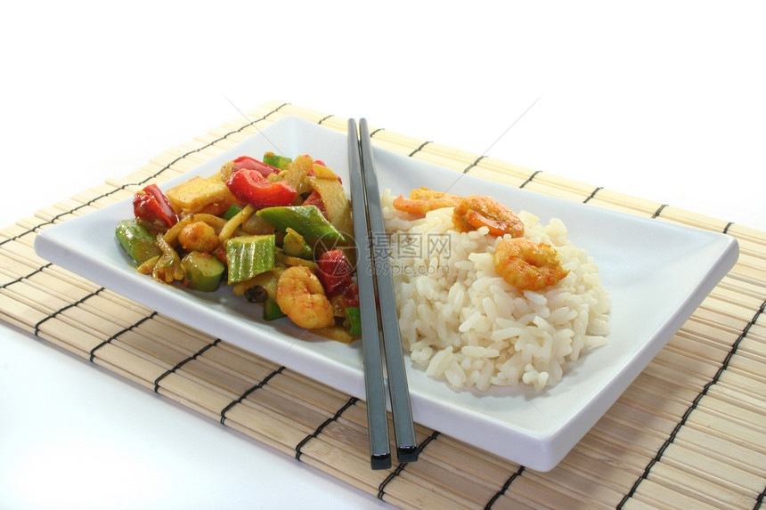 稻米加亚洲虾虾蔬菜香菜筷子美食炒菜大葱炒锅绿色食物香米图片