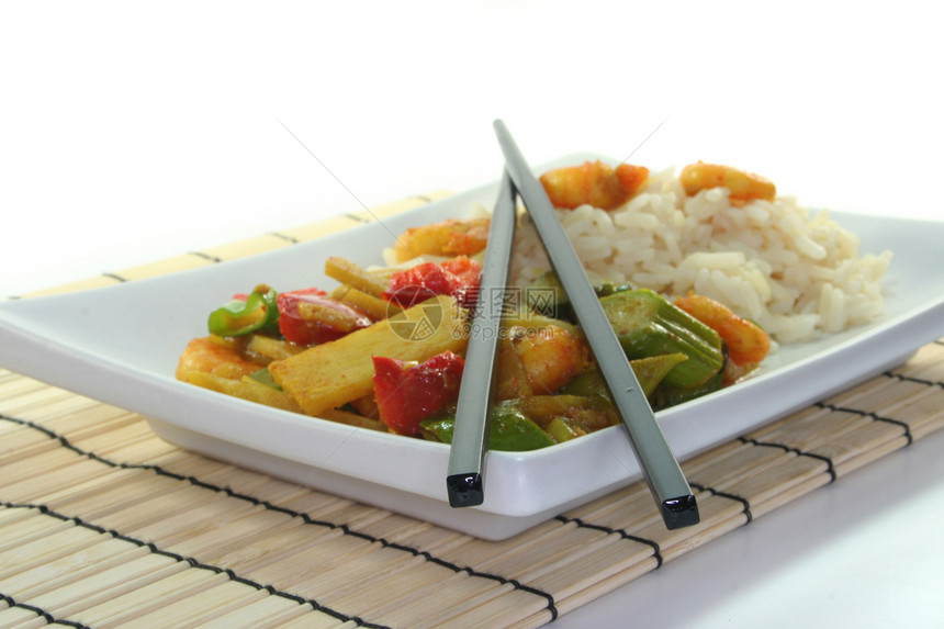 稻米加亚洲虾虾食物炒菜炒面炒锅盘子香米蔬菜美食香菜筷子图片