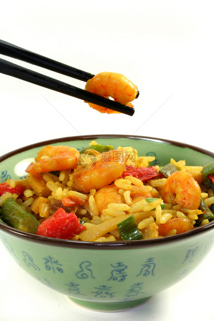 稻米加亚洲虾虾盘子蔬菜食物香菜绿色炒菜大葱香米美食炒锅图片